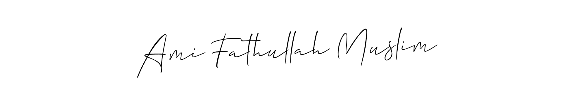 The best way (Allison_Script) to make a short signature is to pick only two or three words in your name. The name Ami Fathullah Muslim include a total of six letters. For converting this name. Ami Fathullah Muslim signature style 2 images and pictures png