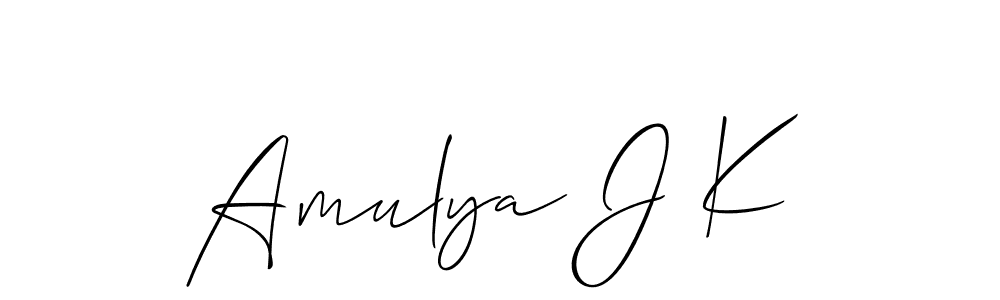The best way (Allison_Script) to make a short signature is to pick only two or three words in your name. The name Amulya J K include a total of six letters. For converting this name. Amulya J K signature style 2 images and pictures png
