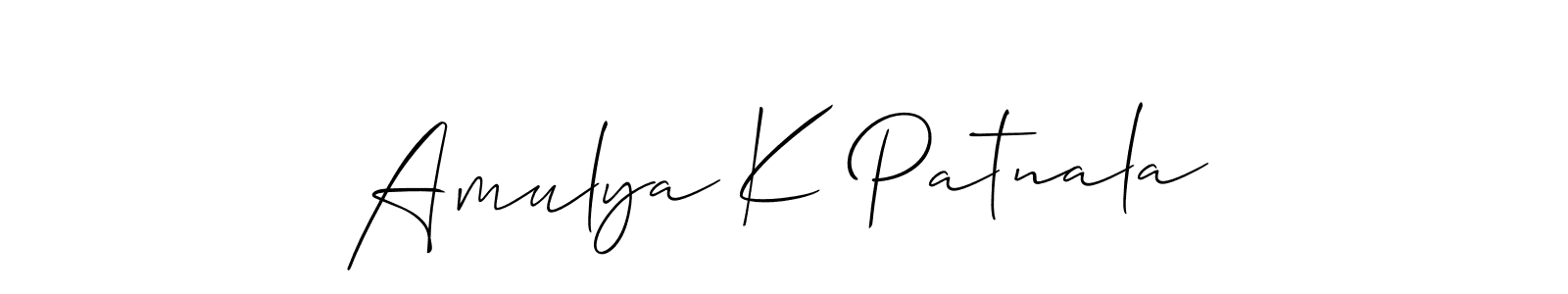 if you are searching for the best signature style for your name Amulya K Patnala. so please give up your signature search. here we have designed multiple signature styles  using Allison_Script. Amulya K Patnala signature style 2 images and pictures png