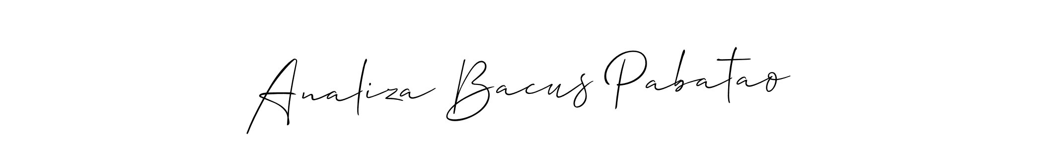 The best way (Allison_Script) to make a short signature is to pick only two or three words in your name. The name Analiza Bacus Pabatao include a total of six letters. For converting this name. Analiza Bacus Pabatao signature style 2 images and pictures png