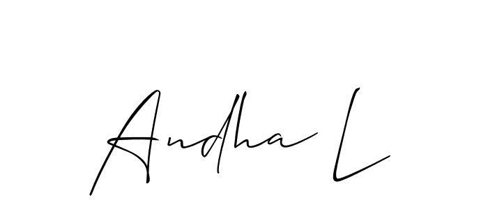 How to make Andha L name signature. Use Allison_Script style for creating short signs online. This is the latest handwritten sign. Andha L signature style 2 images and pictures png