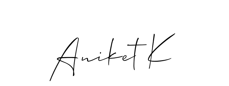 The best way (Allison_Script) to make a short signature is to pick only two or three words in your name. The name Aniket K include a total of six letters. For converting this name. Aniket K signature style 2 images and pictures png