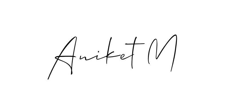 The best way (Allison_Script) to make a short signature is to pick only two or three words in your name. The name Aniket M include a total of six letters. For converting this name. Aniket M signature style 2 images and pictures png