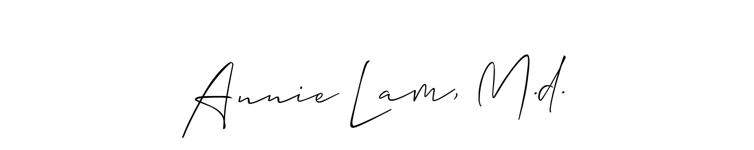 Allison_Script is a professional signature style that is perfect for those who want to add a touch of class to their signature. It is also a great choice for those who want to make their signature more unique. Get Annie Lam, M.d. name to fancy signature for free. Annie Lam, M.d. signature style 2 images and pictures png