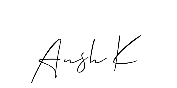 The best way (Allison_Script) to make a short signature is to pick only two or three words in your name. The name Ansh K include a total of six letters. For converting this name. Ansh K signature style 2 images and pictures png