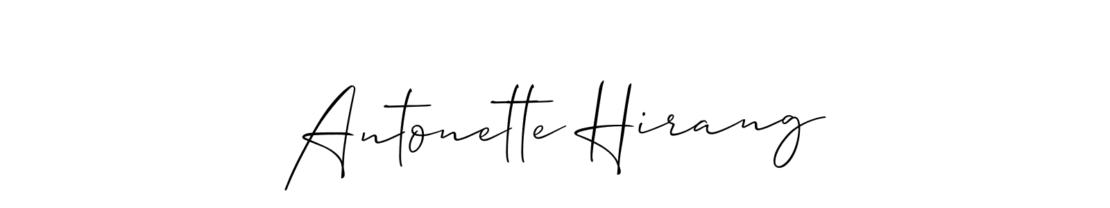 The best way (Allison_Script) to make a short signature is to pick only two or three words in your name. The name Antonette Hirang include a total of six letters. For converting this name. Antonette Hirang signature style 2 images and pictures png