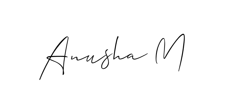 The best way (Allison_Script) to make a short signature is to pick only two or three words in your name. The name Anusha M include a total of six letters. For converting this name. Anusha M signature style 2 images and pictures png