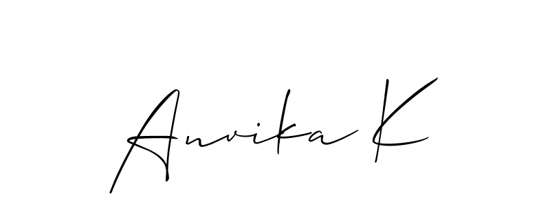 The best way (Allison_Script) to make a short signature is to pick only two or three words in your name. The name Anvika K include a total of six letters. For converting this name. Anvika K signature style 2 images and pictures png