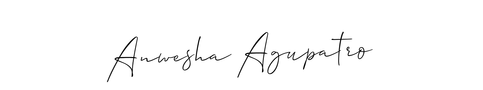 The best way (Allison_Script) to make a short signature is to pick only two or three words in your name. The name Anwesha Agupatro include a total of six letters. For converting this name. Anwesha Agupatro signature style 2 images and pictures png