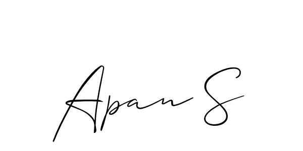 The best way (Allison_Script) to make a short signature is to pick only two or three words in your name. The name Apan S include a total of six letters. For converting this name. Apan S signature style 2 images and pictures png
