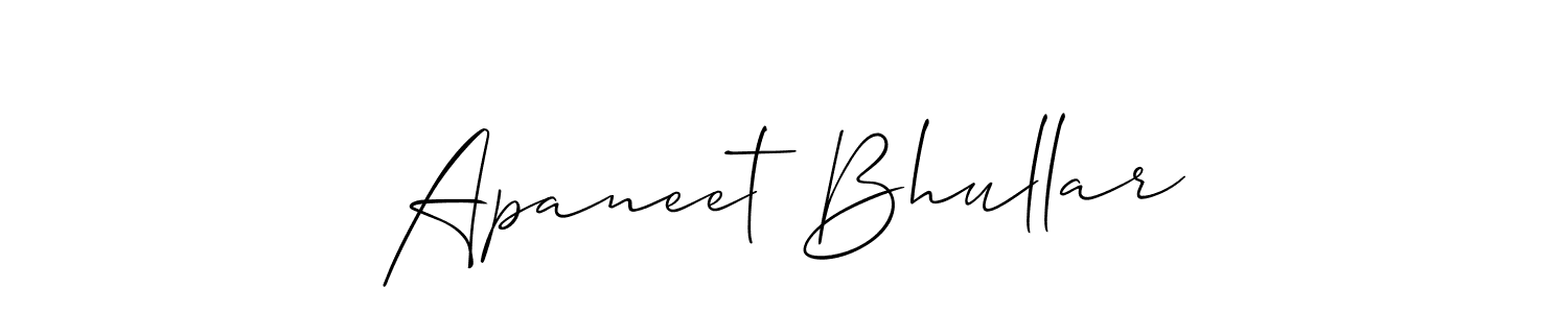 The best way (Allison_Script) to make a short signature is to pick only two or three words in your name. The name Apaneet Bhullar include a total of six letters. For converting this name. Apaneet Bhullar signature style 2 images and pictures png