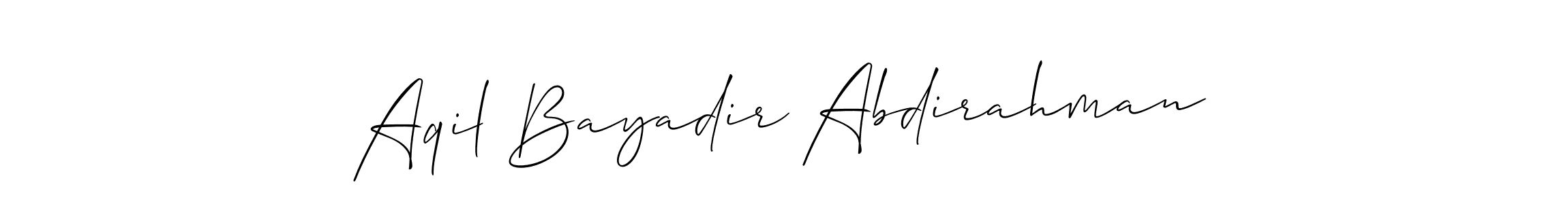 This is the best signature style for the Aqil Bayadir Abdirahman name. Also you like these signature font (Allison_Script). Mix name signature. Aqil Bayadir Abdirahman signature style 2 images and pictures png