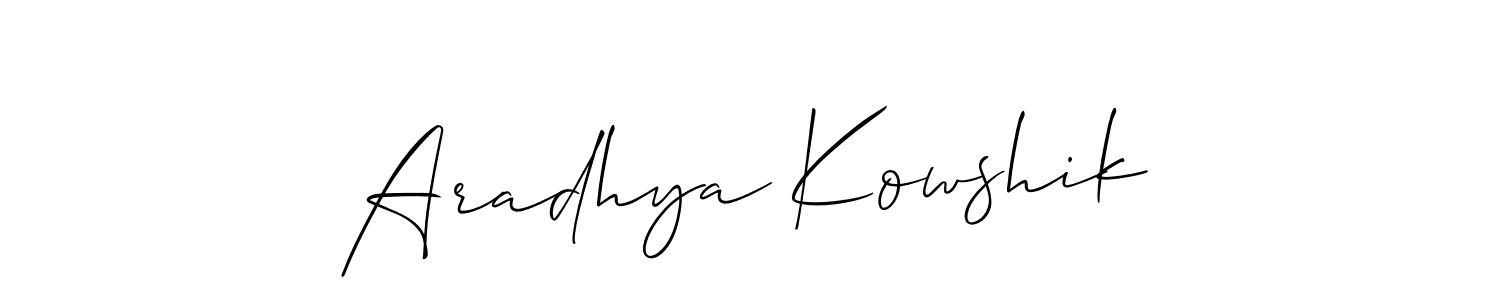 The best way (Allison_Script) to make a short signature is to pick only two or three words in your name. The name Aradhya Kowshik include a total of six letters. For converting this name. Aradhya Kowshik signature style 2 images and pictures png
