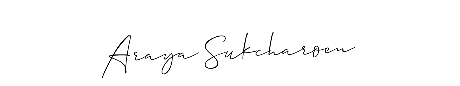 Allison_Script is a professional signature style that is perfect for those who want to add a touch of class to their signature. It is also a great choice for those who want to make their signature more unique. Get Araya Sukcharoen name to fancy signature for free. Araya Sukcharoen signature style 2 images and pictures png