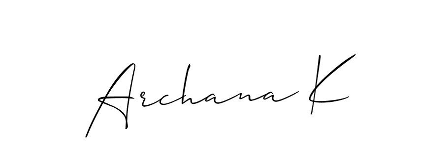 How to make Archana K name signature. Use Allison_Script style for creating short signs online. This is the latest handwritten sign. Archana K signature style 2 images and pictures png
