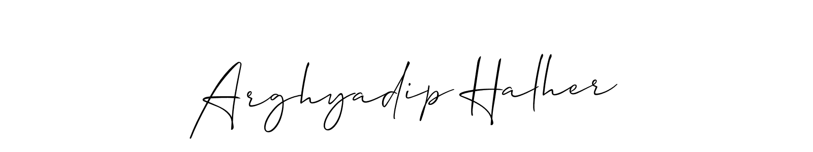 Make a short Arghyadip Halher signature style. Manage your documents anywhere anytime using Allison_Script. Create and add eSignatures, submit forms, share and send files easily. Arghyadip Halher signature style 2 images and pictures png