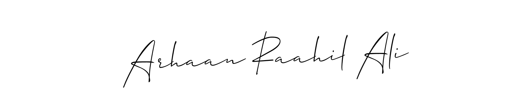 Allison_Script is a professional signature style that is perfect for those who want to add a touch of class to their signature. It is also a great choice for those who want to make their signature more unique. Get Arhaan Raahil Ali name to fancy signature for free. Arhaan Raahil Ali signature style 2 images and pictures png