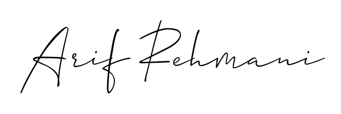A sleek calligraphic signature for name Arif Rehmani utilizing Allison_Script styling. Great for adding personal signatures to photos and art. Arif Rehmani signature style 2 images and pictures png