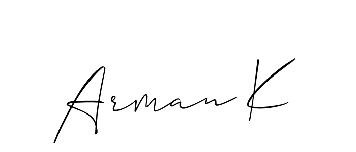 The best way (Allison_Script) to make a short signature is to pick only two or three words in your name. The name Arman K include a total of six letters. For converting this name. Arman K signature style 2 images and pictures png