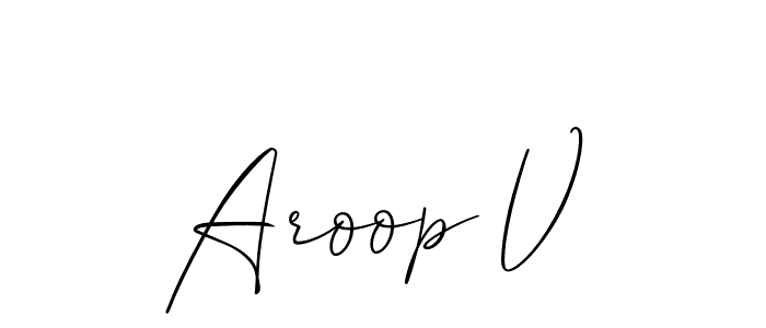 The best way (Allison_Script) to make a short signature is to pick only two or three words in your name. The name Aroop V include a total of six letters. For converting this name. Aroop V signature style 2 images and pictures png