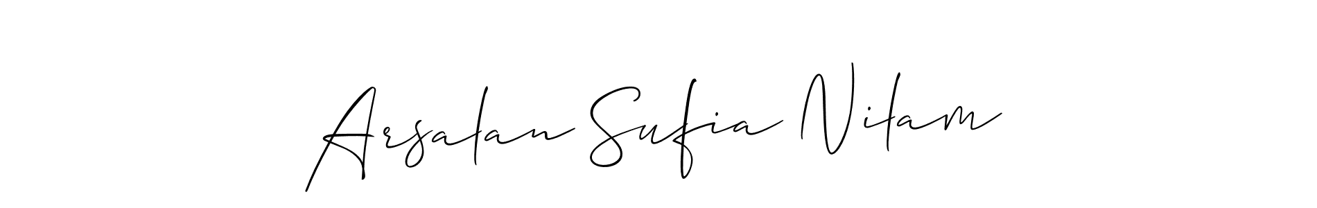 You should practise on your own different ways (Allison_Script) to write your name (Arsalan Sufia Nilam) in signature. don't let someone else do it for you. Arsalan Sufia Nilam signature style 2 images and pictures png