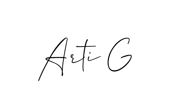 The best way (Allison_Script) to make a short signature is to pick only two or three words in your name. The name Arti G include a total of six letters. For converting this name. Arti G signature style 2 images and pictures png