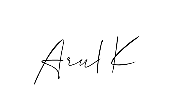 Allison_Script is a professional signature style that is perfect for those who want to add a touch of class to their signature. It is also a great choice for those who want to make their signature more unique. Get Arul K name to fancy signature for free. Arul K signature style 2 images and pictures png