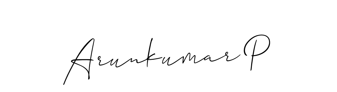 The best way (Allison_Script) to make a short signature is to pick only two or three words in your name. The name Arunkumar P include a total of six letters. For converting this name. Arunkumar P signature style 2 images and pictures png