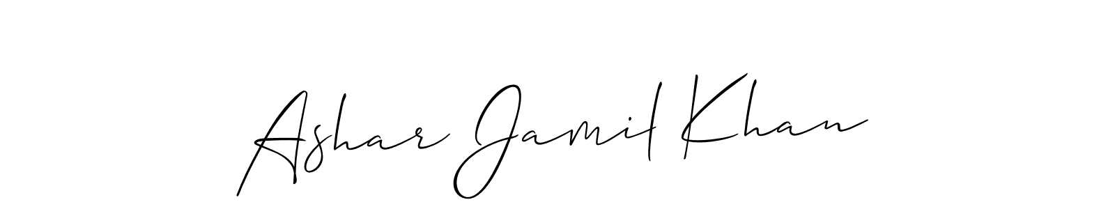 The best way (Allison_Script) to make a short signature is to pick only two or three words in your name. The name Ashar Jamil Khan include a total of six letters. For converting this name. Ashar Jamil Khan signature style 2 images and pictures png