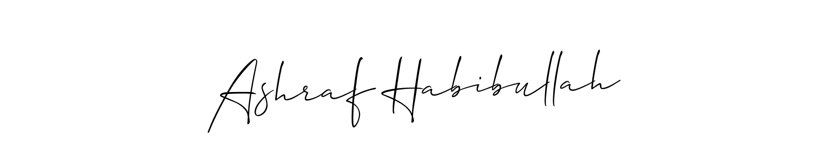 The best way (Allison_Script) to make a short signature is to pick only two or three words in your name. The name Ashraf Habibullah include a total of six letters. For converting this name. Ashraf Habibullah signature style 2 images and pictures png