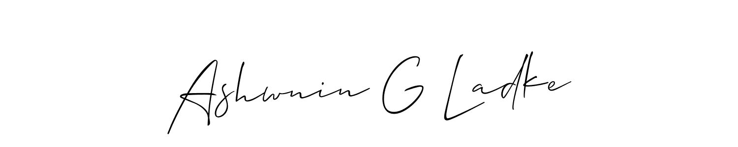 The best way (Allison_Script) to make a short signature is to pick only two or three words in your name. The name Ashwnin G Ladke include a total of six letters. For converting this name. Ashwnin G Ladke signature style 2 images and pictures png