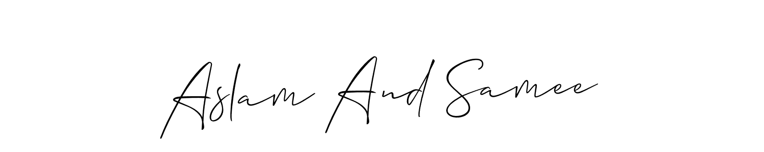 The best way (Allison_Script) to make a short signature is to pick only two or three words in your name. The name Aslam And Samee include a total of six letters. For converting this name. Aslam And Samee signature style 2 images and pictures png