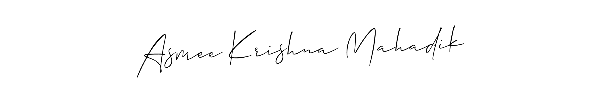 The best way (Allison_Script) to make a short signature is to pick only two or three words in your name. The name Asmee Krishna Mahadik include a total of six letters. For converting this name. Asmee Krishna Mahadik signature style 2 images and pictures png