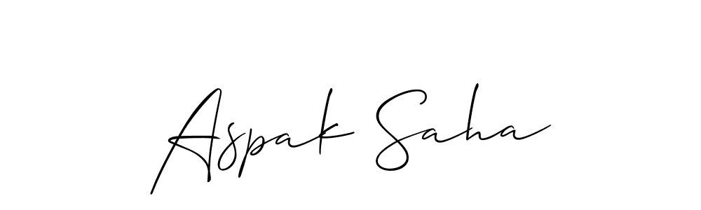The best way (Allison_Script) to make a short signature is to pick only two or three words in your name. The name Aspak Saha include a total of six letters. For converting this name. Aspak Saha signature style 2 images and pictures png