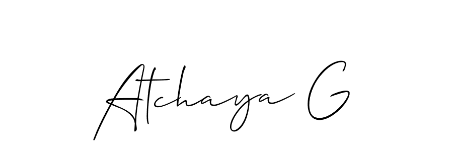 Also You can easily find your signature by using the search form. We will create Atchaya G name handwritten signature images for you free of cost using Allison_Script sign style. Atchaya G signature style 2 images and pictures png