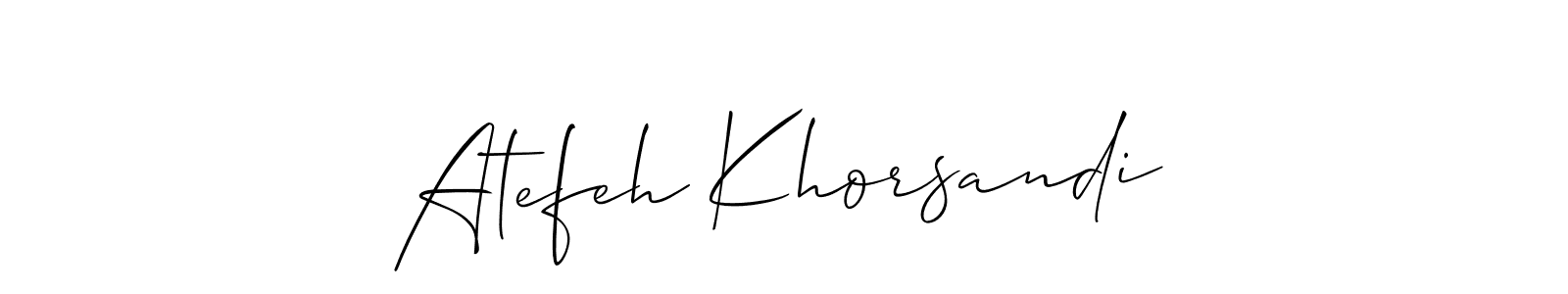 The best way (Allison_Script) to make a short signature is to pick only two or three words in your name. The name Atefeh Khorsandi include a total of six letters. For converting this name. Atefeh Khorsandi signature style 2 images and pictures png