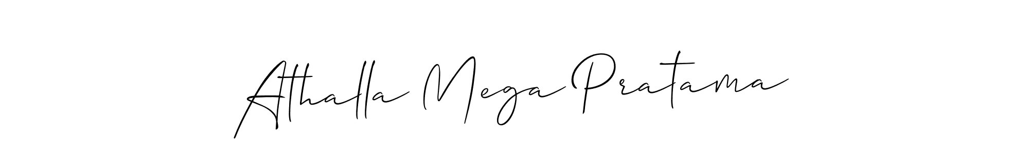 The best way (Allison_Script) to make a short signature is to pick only two or three words in your name. The name Athalla Mega Pratama include a total of six letters. For converting this name. Athalla Mega Pratama signature style 2 images and pictures png