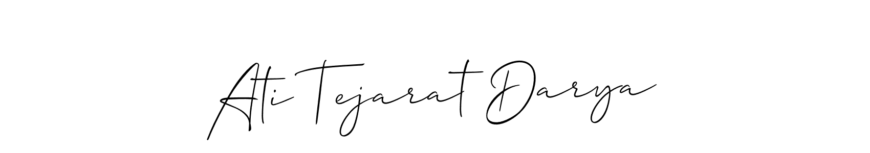 This is the best signature style for the Ati Tejarat Darya name. Also you like these signature font (Allison_Script). Mix name signature. Ati Tejarat Darya signature style 2 images and pictures png