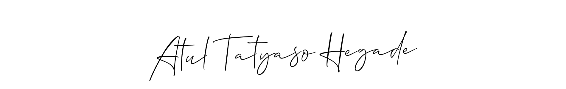 The best way (Allison_Script) to make a short signature is to pick only two or three words in your name. The name Atul Tatyaso Hegade include a total of six letters. For converting this name. Atul Tatyaso Hegade signature style 2 images and pictures png