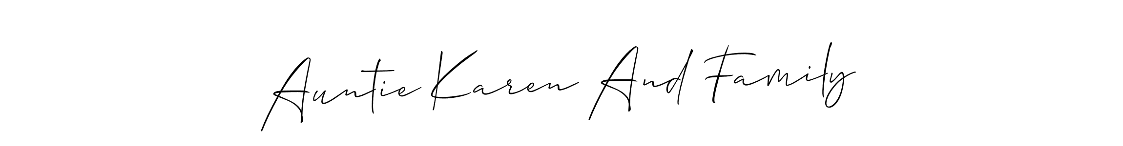 The best way (Allison_Script) to make a short signature is to pick only two or three words in your name. The name Auntie Karen And Family include a total of six letters. For converting this name. Auntie Karen And Family signature style 2 images and pictures png