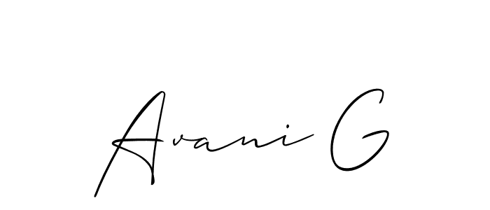 The best way (Allison_Script) to make a short signature is to pick only two or three words in your name. The name Avani G include a total of six letters. For converting this name. Avani G signature style 2 images and pictures png