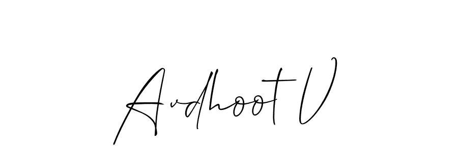 Create a beautiful signature design for name Avdhoot V. With this signature (Allison_Script) fonts, you can make a handwritten signature for free. Avdhoot V signature style 2 images and pictures png