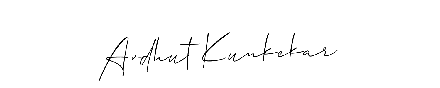 Also You can easily find your signature by using the search form. We will create Avdhut Kunkekar name handwritten signature images for you free of cost using Allison_Script sign style. Avdhut Kunkekar signature style 2 images and pictures png