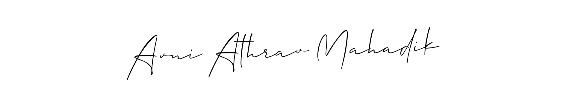 You should practise on your own different ways (Allison_Script) to write your name (Avni Athrav Mahadik) in signature. don't let someone else do it for you. Avni Athrav Mahadik signature style 2 images and pictures png