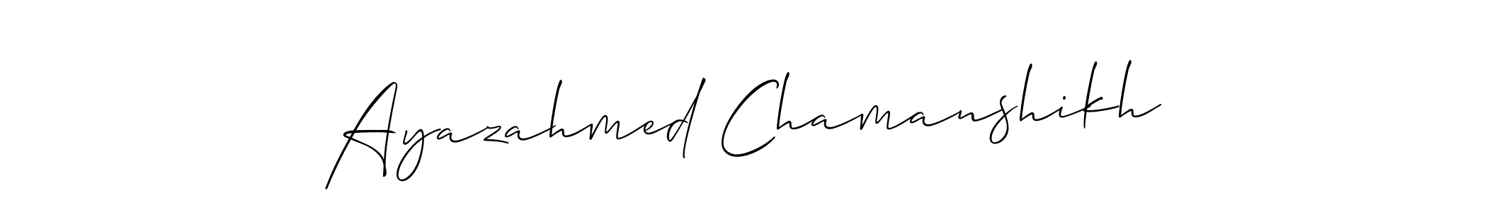 The best way (Allison_Script) to make a short signature is to pick only two or three words in your name. The name Ayazahmed Chamanshikh include a total of six letters. For converting this name. Ayazahmed Chamanshikh signature style 2 images and pictures png
