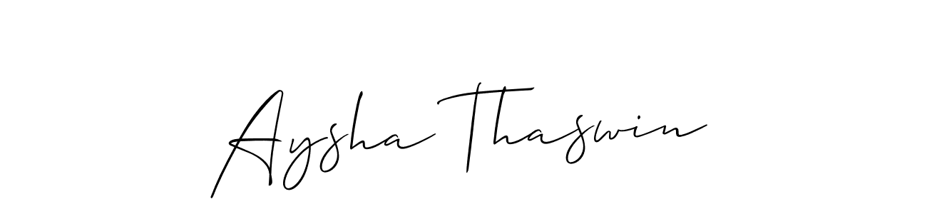 The best way (Allison_Script) to make a short signature is to pick only two or three words in your name. The name Aysha Thaswin include a total of six letters. For converting this name. Aysha Thaswin signature style 2 images and pictures png