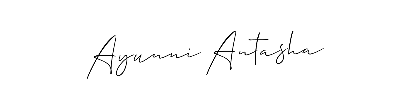 The best way (Allison_Script) to make a short signature is to pick only two or three words in your name. The name Ayunni Antasha include a total of six letters. For converting this name. Ayunni Antasha signature style 2 images and pictures png