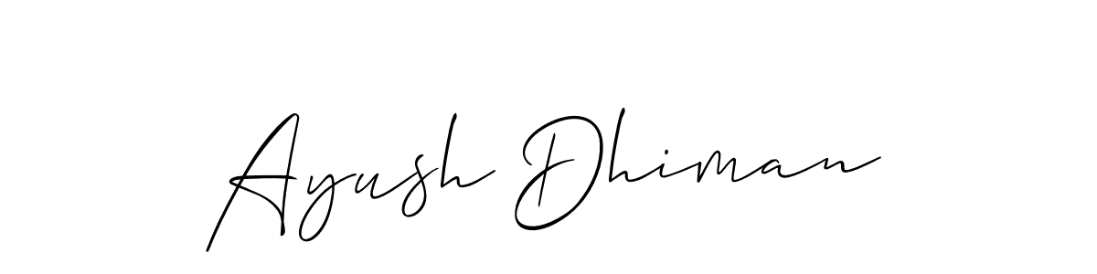 The best way (Allison_Script) to make a short signature is to pick only two or three words in your name. The name Ayush Dhiman include a total of six letters. For converting this name. Ayush Dhiman signature style 2 images and pictures png