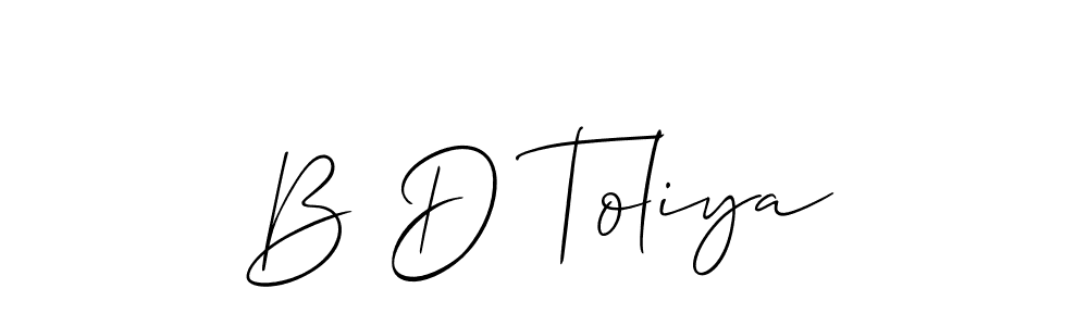 The best way (Allison_Script) to make a short signature is to pick only two or three words in your name. The name B D Toliya include a total of six letters. For converting this name. B D Toliya signature style 2 images and pictures png