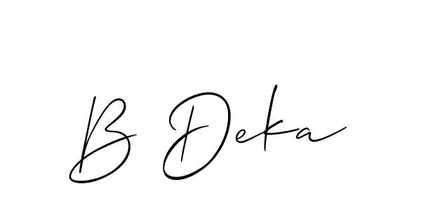 The best way (Allison_Script) to make a short signature is to pick only two or three words in your name. The name B Deka include a total of six letters. For converting this name. B Deka signature style 2 images and pictures png